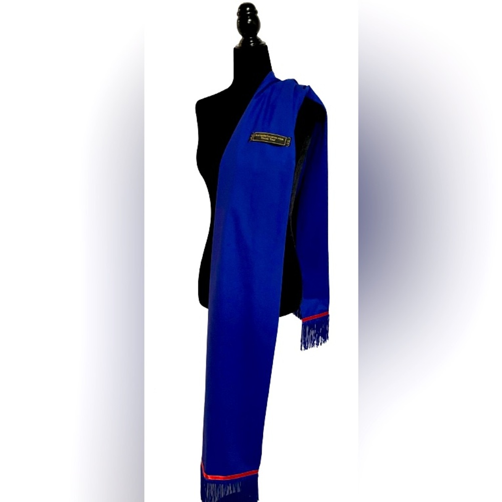Bright Royal Blue Cotton Scarf with Red Satin Ribbon and Blue Fringes